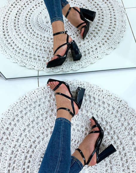Black patent heeled sandals with multiple straps