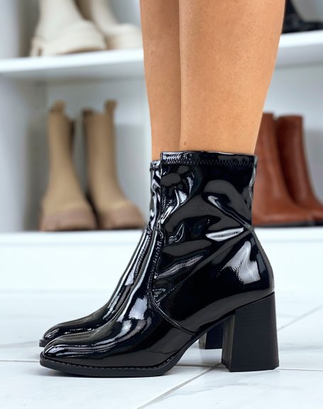 Black patent heeled square toe ankle boots