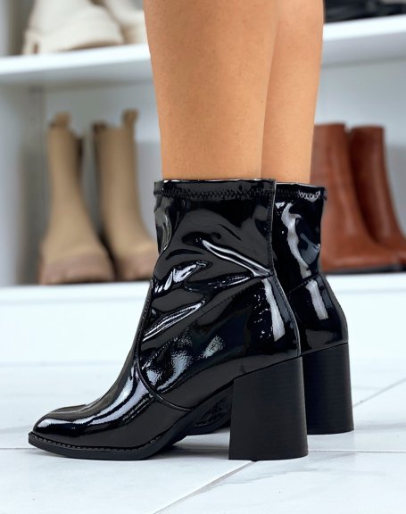 Black patent heeled square toe ankle boots