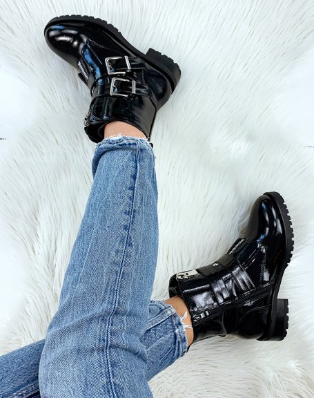 Black patent high ankle boots
