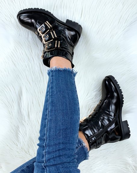 Black patent high ankle boots with golden buckles