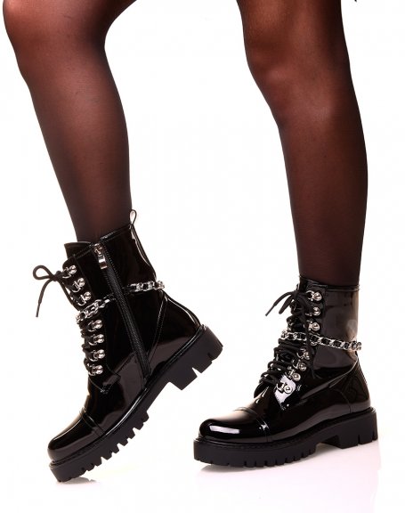 Black patent high ankle boots with openwork chain
