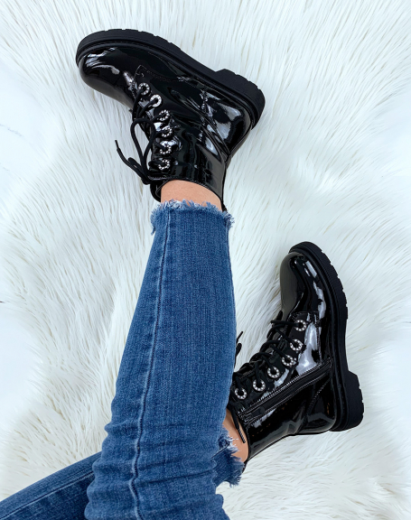 Black patent high ankle boots with rhinestone eyelets