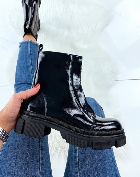 Black patent high ankle boots with silver detail