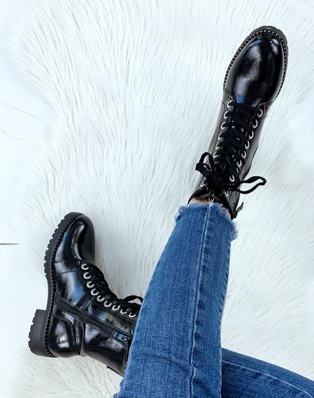 Black patent high ankle boots with silver detail