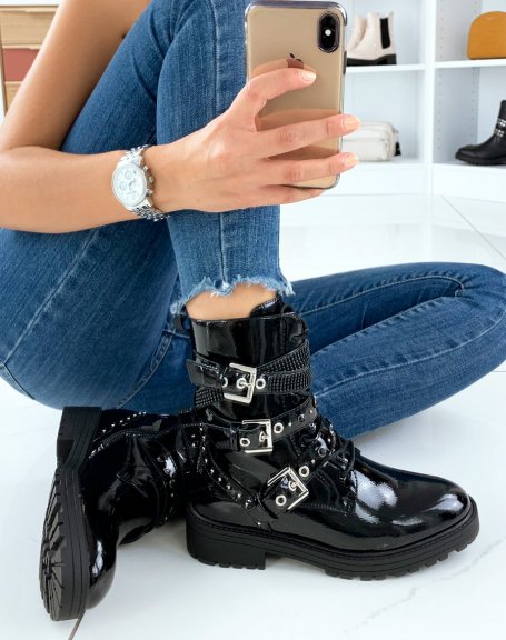 Black patent high ankle boots with studded straps