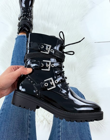 Black patent high ankle boots with studded straps