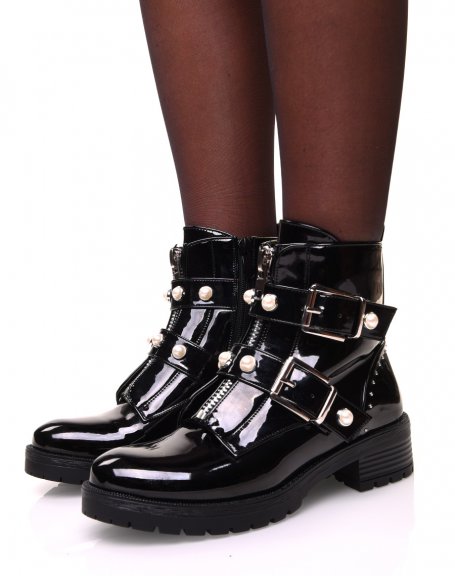 Black patent high ankle boots with zipper and beaded straps