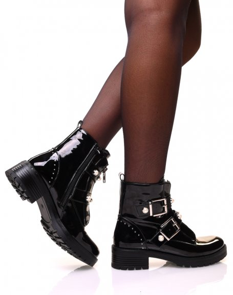 Black patent high ankle boots with zipper and beaded straps