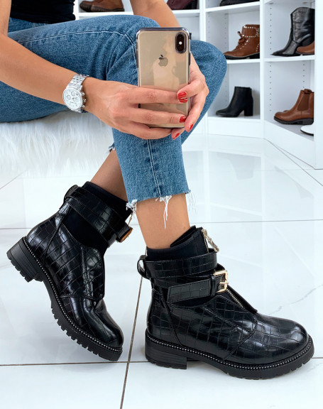 Black patent high boots with strap
