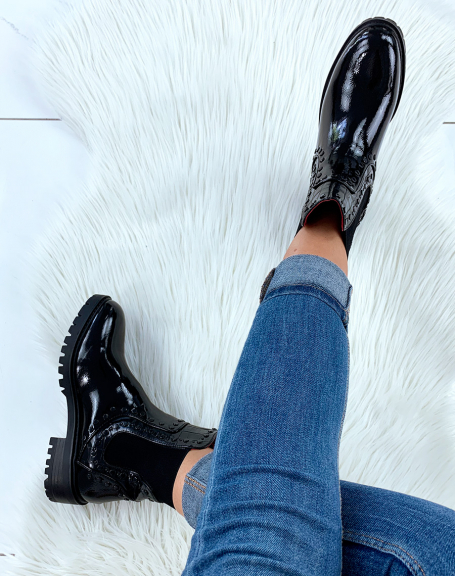 Black patent high croc-effect ankle boots adorned with black studs