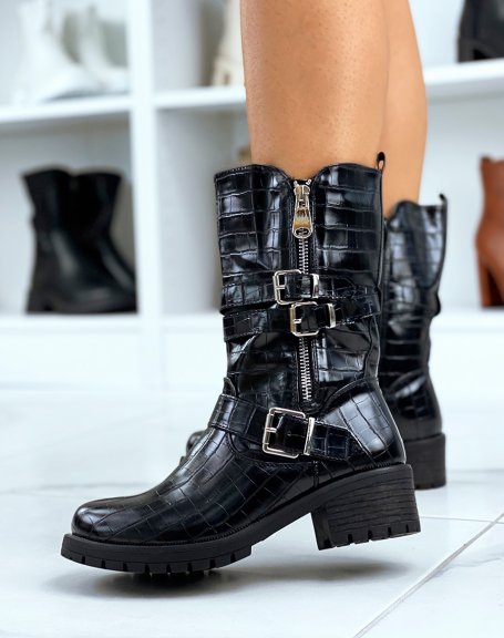 Black patent high croc-effect ankle boots with straps