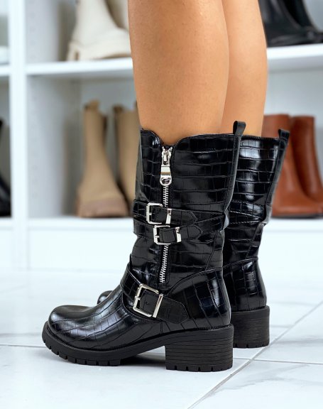 Black patent high croc-effect ankle boots with straps