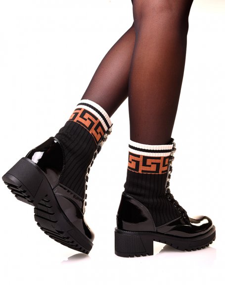 Black patent high sock ankle boots
