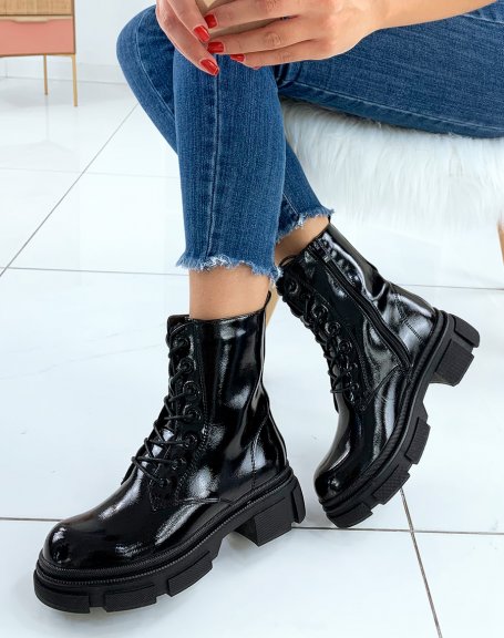 Black patent high-top ankle boots with fine lace