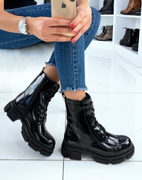 Black patent high-top ankle boots with fine lace