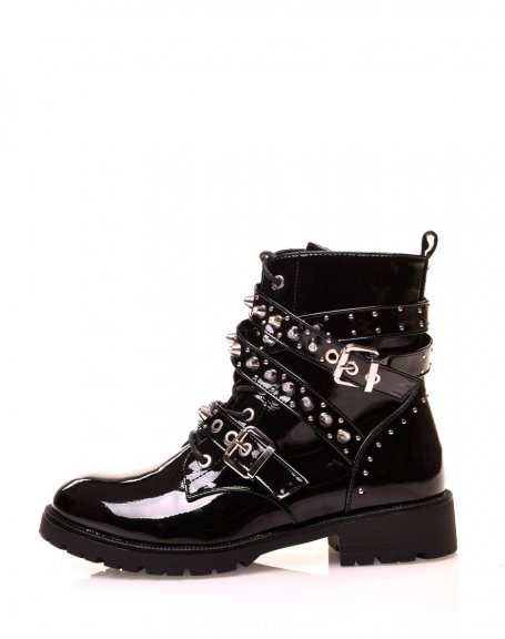 Black patent high-top ankle boots with laces and multiple straps