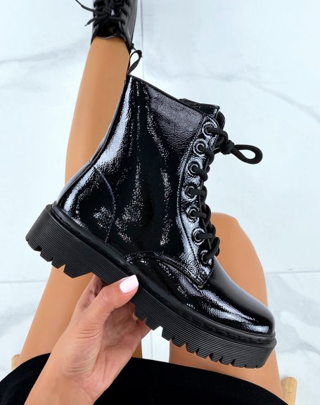 Black patent high-top lace-up ankle boots