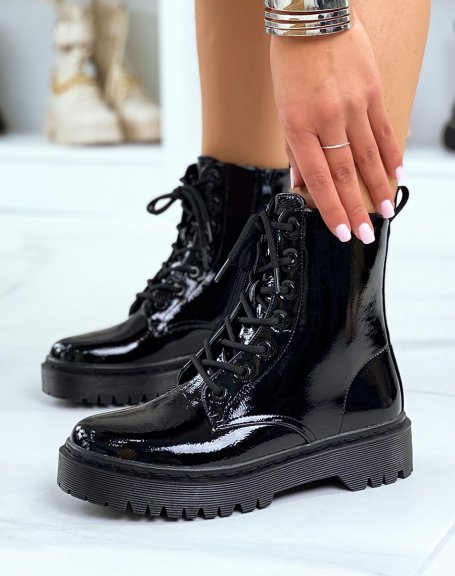 Black patent high-top lace-up ankle boots