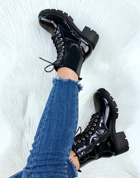 Black patent knee high ankle boots with mid heel
