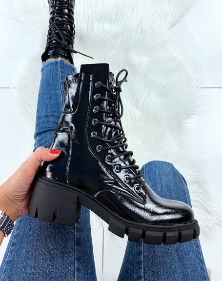 Black patent lace-up ankle boots