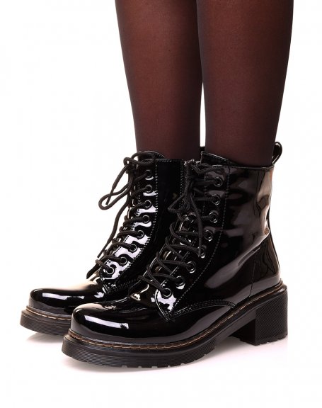 Black patent lace-up high ankle boots