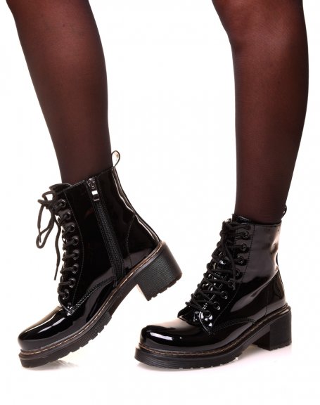 Black patent lace-up high ankle boots
