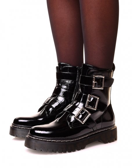 Black patent leather ankle boot with multiple adjustable straps