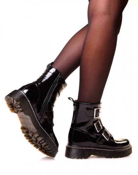 Black patent leather ankle boot with multiple adjustable straps