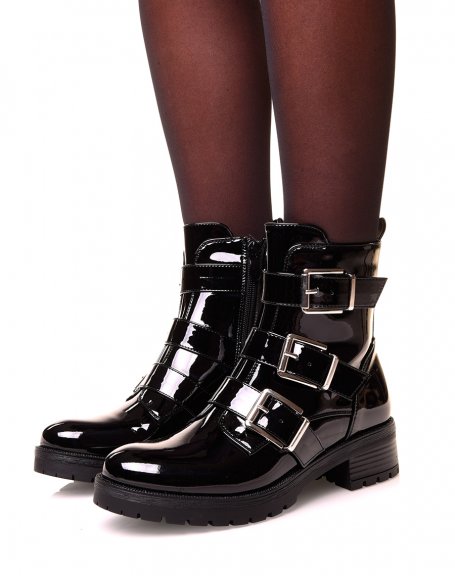 Black patent leather ankle boots with straps