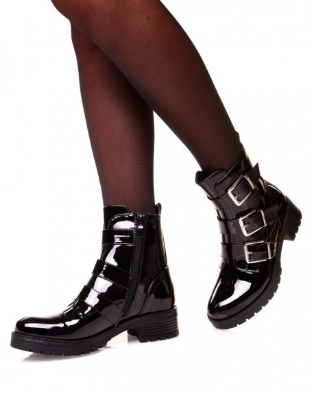 Black patent leather ankle boots with straps