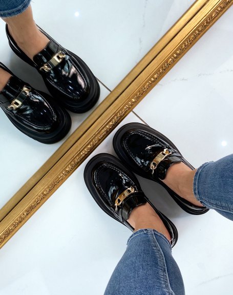 Black patent loafer with large platform and gold detail