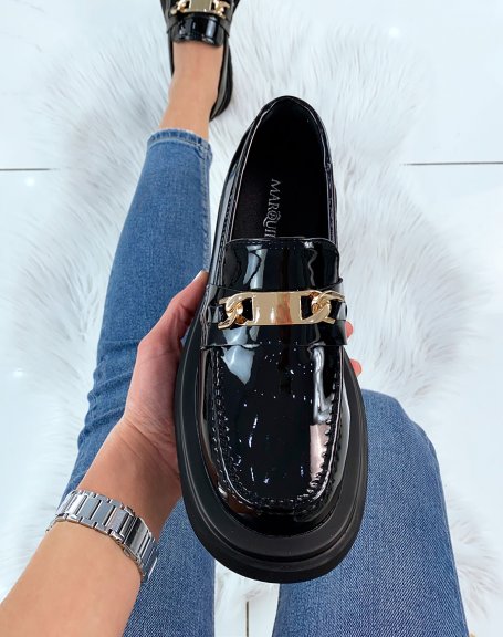 Black patent loafer with large platform and gold detail