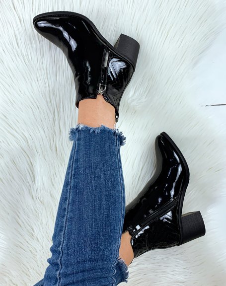 Black patent low ankle boots with mid-high heels