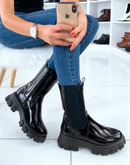 Black patent mid-calf boots with chunky sole