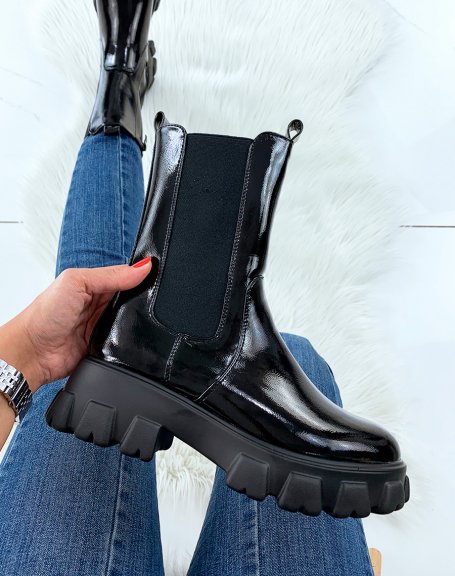 Black patent mid-calf boots with chunky sole