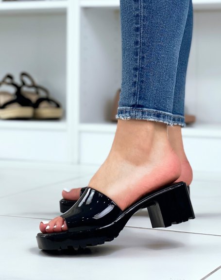 Black patent mules with small square heel