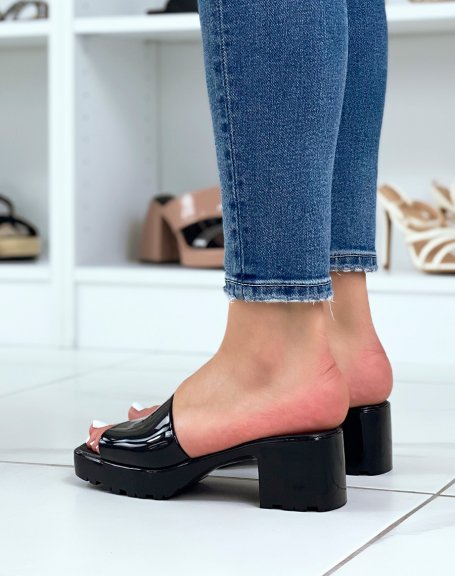 Black patent mules with small square heel