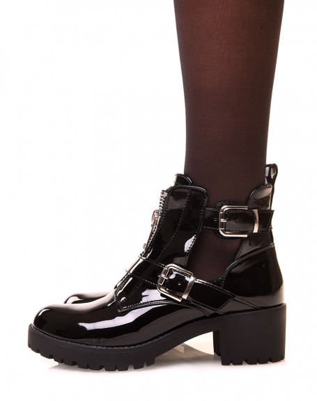 Black patent open ankle boots with double straps