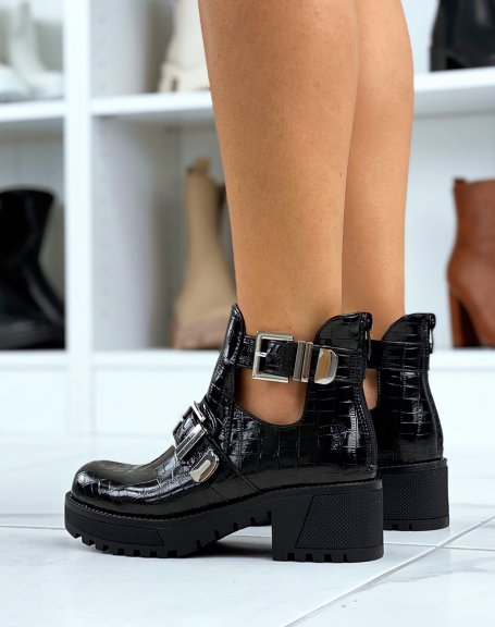 Black patent open croc-effect ankle boots with large buckles