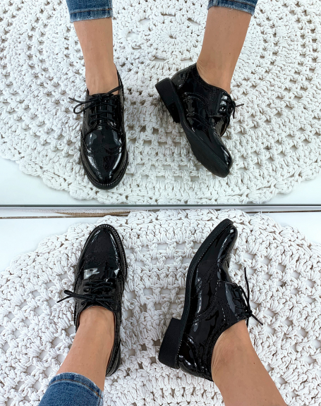 Black patent Oxford with stitching and rhinestone details