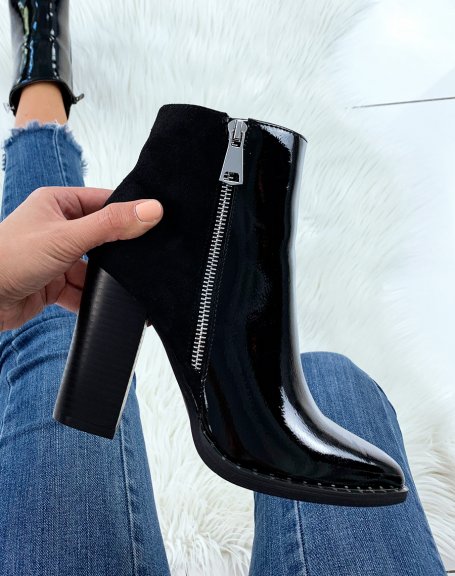 Black Patent Pointed Toe Heeled Ankle Boots