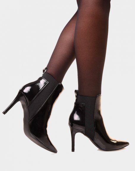 Black patent pointed toe stiletto heel ankle boots