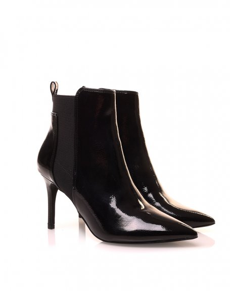 Black patent pointed toe stiletto heel ankle boots