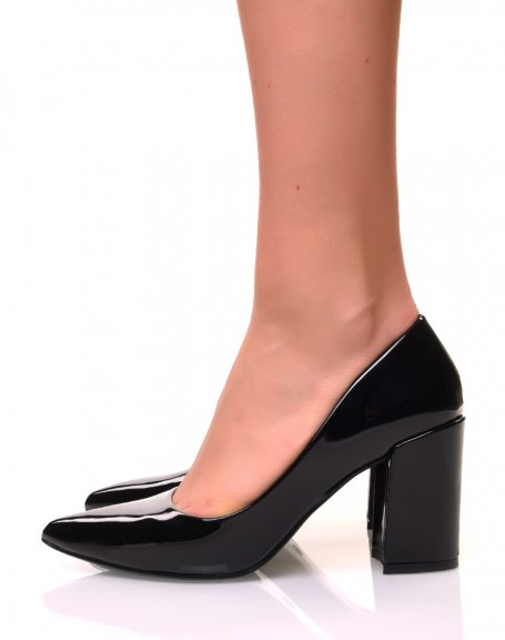 Black patent pumps with square heels and pointed toes