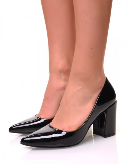 Black patent pumps with square heels and pointed toes