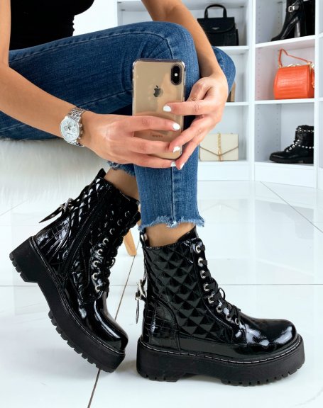 Black patent quilted chunky platform ankle boots