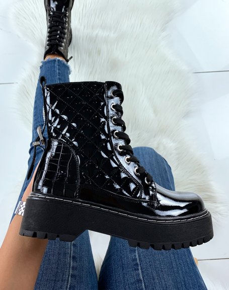 Black patent quilted chunky platform ankle boots