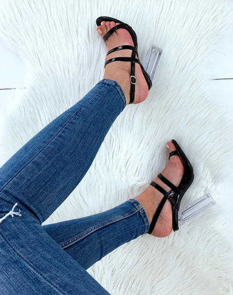 Black patent sandals with multiple straps and transparent block heels