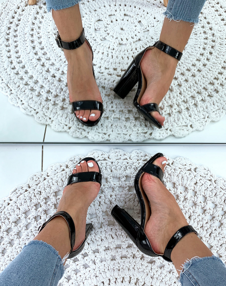 Black patent sandals with square heel